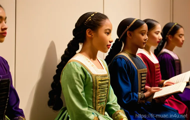 뮤지컬 배우 무대 매너와 에티켓 - **Prompt 1: Backstage Serenity Before the Show**
    A diverse group of musical theater performers, ...