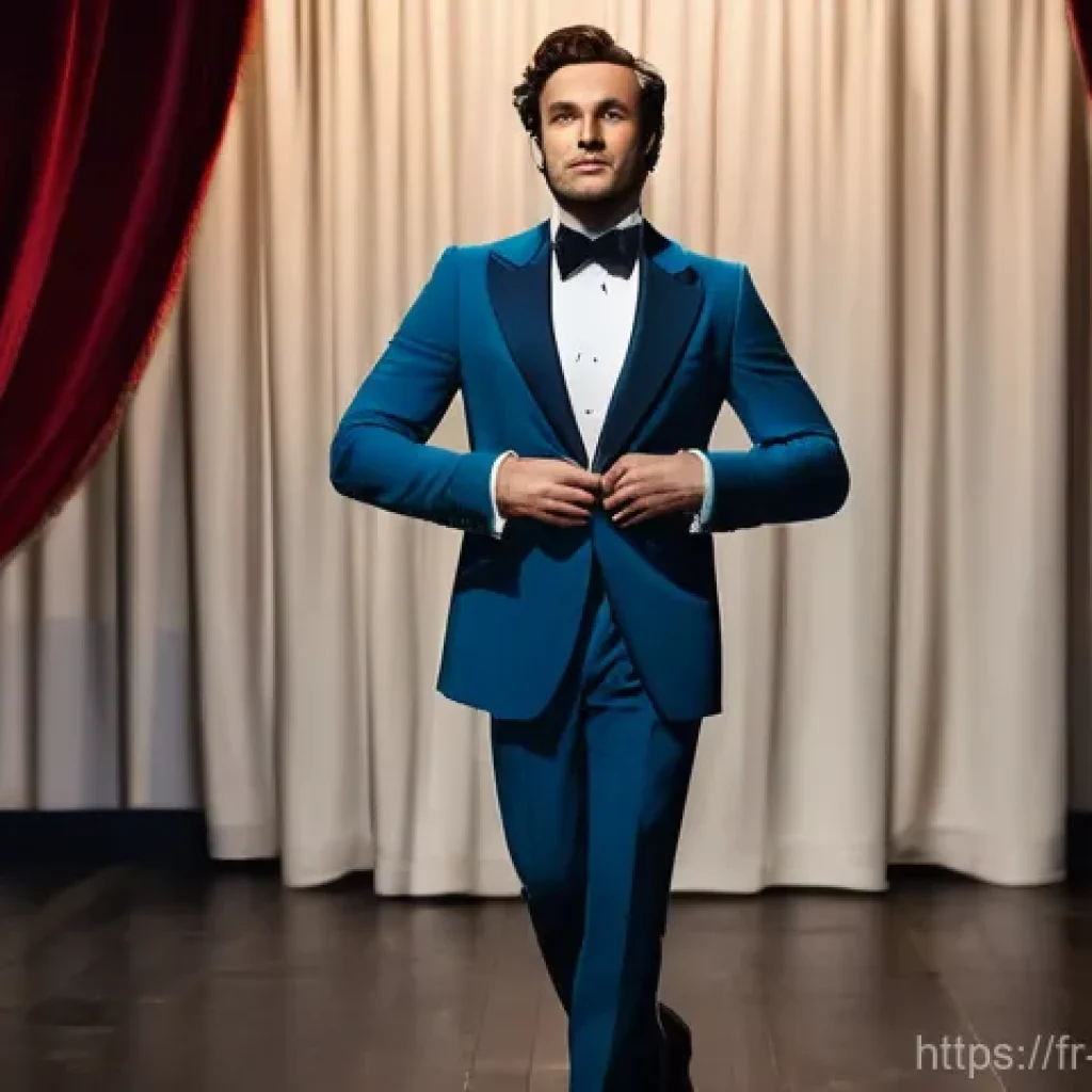 뮤지컬 배우의 복합 장르 도전기 - A dynamic, full-body shot of a versatile French musical theater actor, mid-performance, seamlessly t...