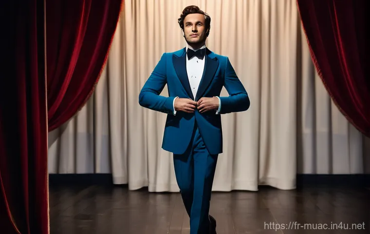 뮤지컬 배우의 복합 장르 도전기 - A dynamic, full-body shot of a versatile French musical theater actor, mid-performance, seamlessly t...