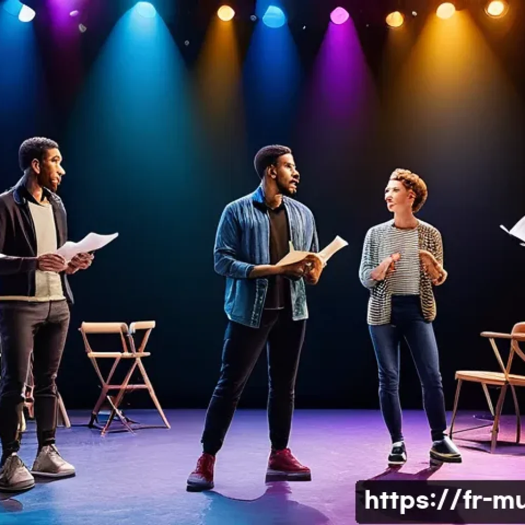 뮤지컬 배우의 공연 기획 참여 - A dynamic rehearsal scene in a modern Parisian theater studio, featuring diverse musical theater act...