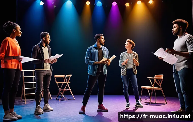 뮤지컬 배우의 공연 기획 참여 - A dynamic rehearsal scene in a modern Parisian theater studio, featuring diverse musical theater act...
