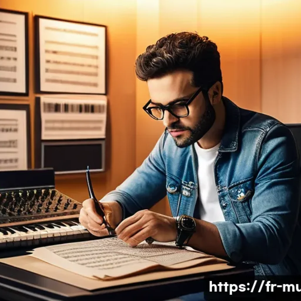 뮤지컬 배우가 알아야 할 저작권 지식 - A professional French music artist in a modern recording studio, surrounded by high-end audio equipm...
