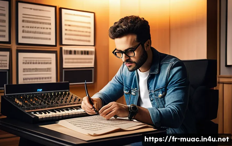 뮤지컬 배우가 알아야 할 저작권 지식 - A professional French music artist in a modern recording studio, surrounded by high-end audio equipm...