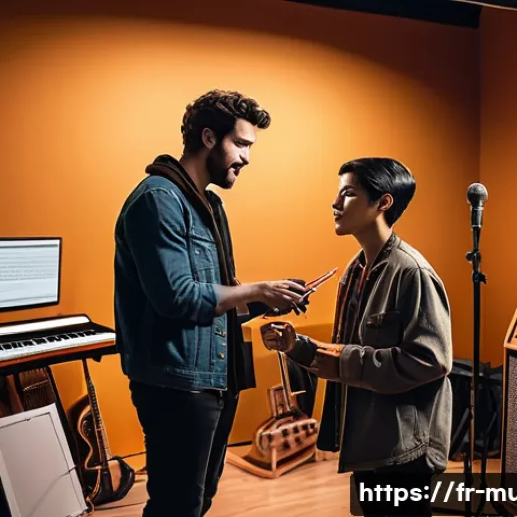 뮤지컬 배우의 인생 멘토 찾기 - An inspiring mentor and a young theater artist in a cozy rehearsal studio filled with musical instru...