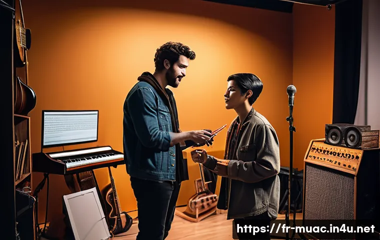 뮤지컬 배우의 인생 멘토 찾기 - An inspiring mentor and a young theater artist in a cozy rehearsal studio filled with musical instru...