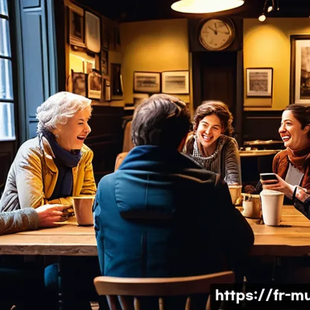 뮤지컬 배우의 추천 커뮤니티 사이트 - A vibrant and cozy French caf&eacute; scene where a diverse group of musical theatre enthusiasts of various...