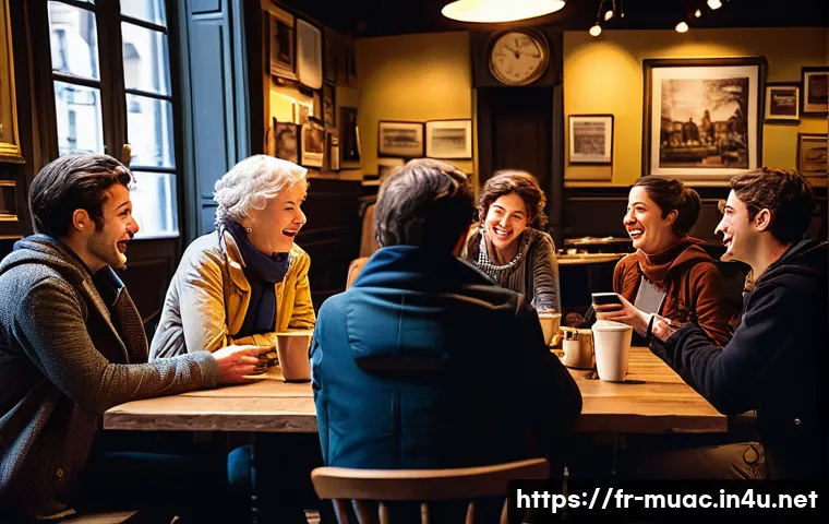 뮤지컬 배우의 추천 커뮤니티 사이트 - A vibrant and cozy French caf&eacute; scene where a diverse group of musical theatre enthusiasts of various...
