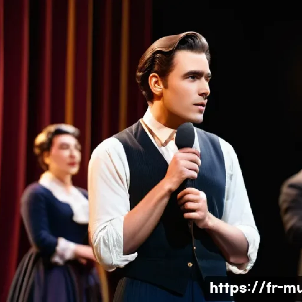뮤지컬 배우의 공연 중 돌발 상황 대처법 - A professional theater actor on stage during a live musical performance, wearing elegant stage-appro...