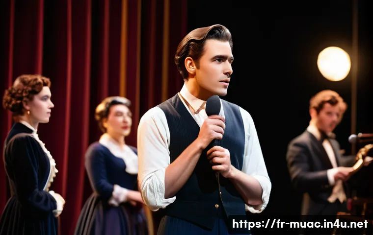 뮤지컬 배우의 공연 중 돌발 상황 대처법 - A professional theater actor on stage during a live musical performance, wearing elegant stage-appro...