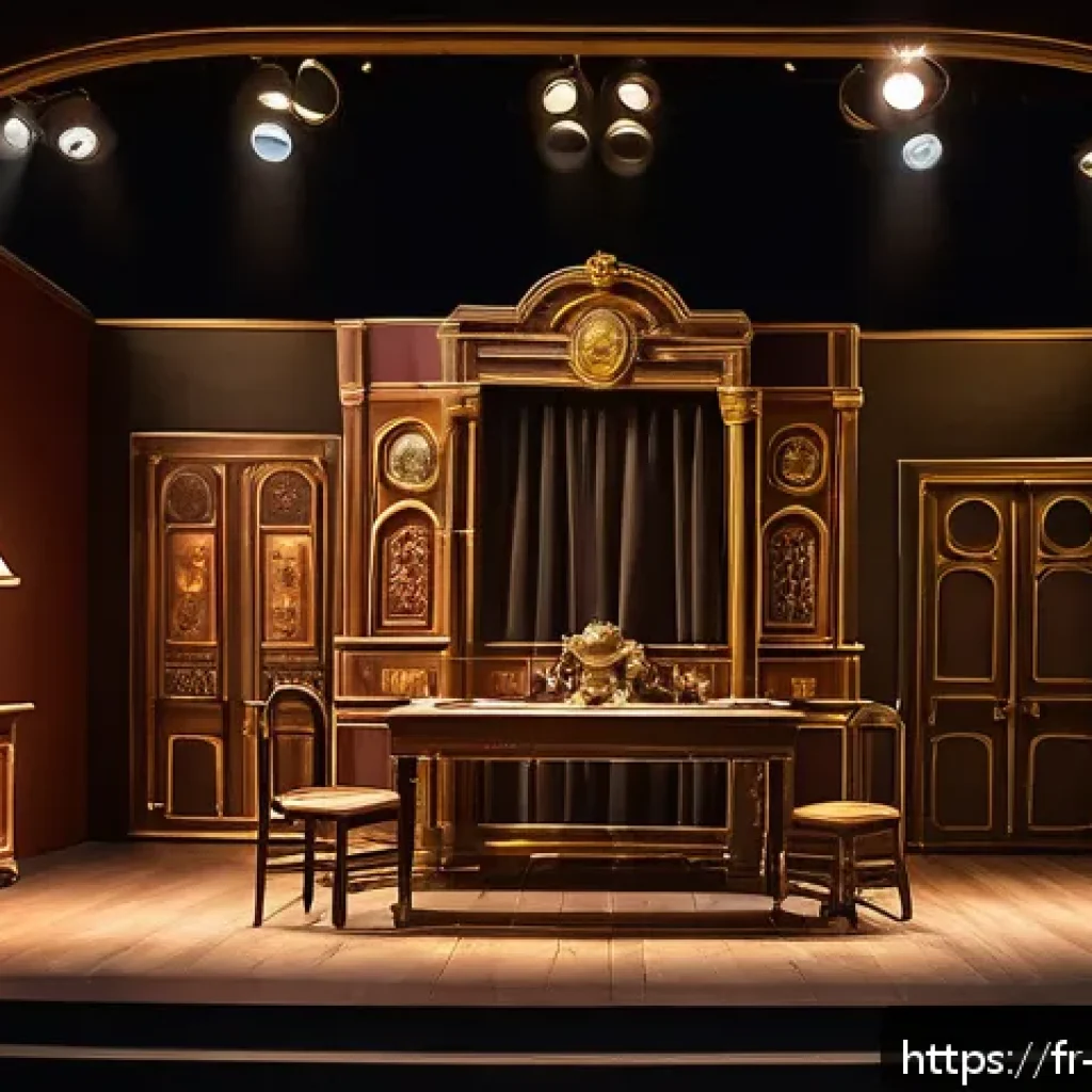 뮤지컬 배우와 무대 디자이너의 협력 - A theatrical stage scene showing a detailed, modular scenography design that extends the emotional n...