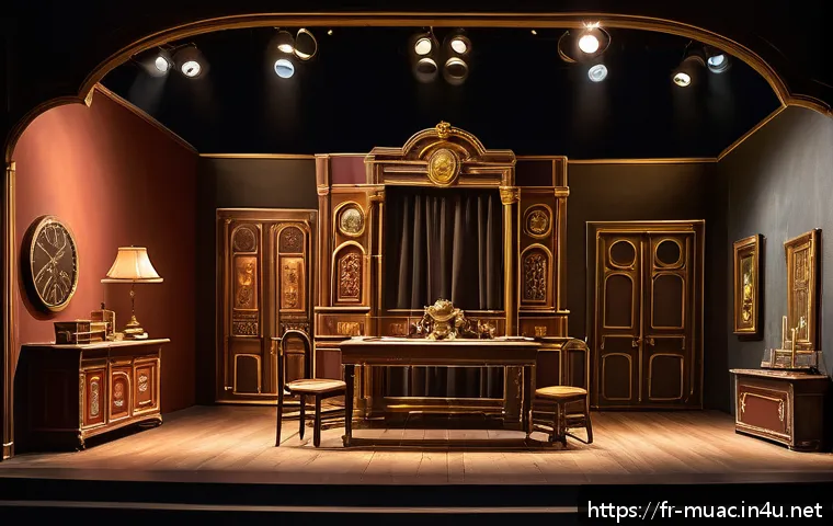 뮤지컬 배우와 무대 디자이너의 협력 - A theatrical stage scene showing a detailed, modular scenography design that extends the emotional n...