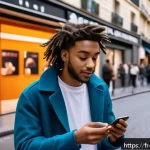 뮤지컬 배우의 팬 관리 전략 - A young French artist engaging with fans on Instagram and TikTok, vibrant urban backdrop of Paris, w...