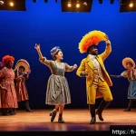 뮤지컬 배우의 공연 티켓 판매 전략 - A vibrant theater rehearsal scene featuring diverse actors in colorful costumes practicing an emotio...