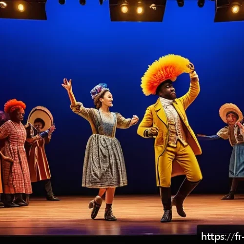 뮤지컬 배우의 공연 티켓 판매 전략 - A vibrant theater rehearsal scene featuring diverse actors in colorful costumes practicing an emotio...