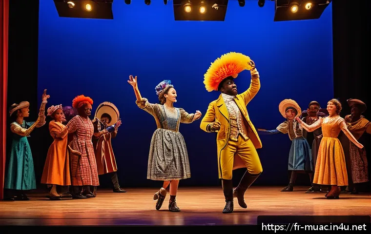 뮤지컬 배우의 공연 티켓 판매 전략 - A vibrant theater rehearsal scene featuring diverse actors in colorful costumes practicing an emotio...