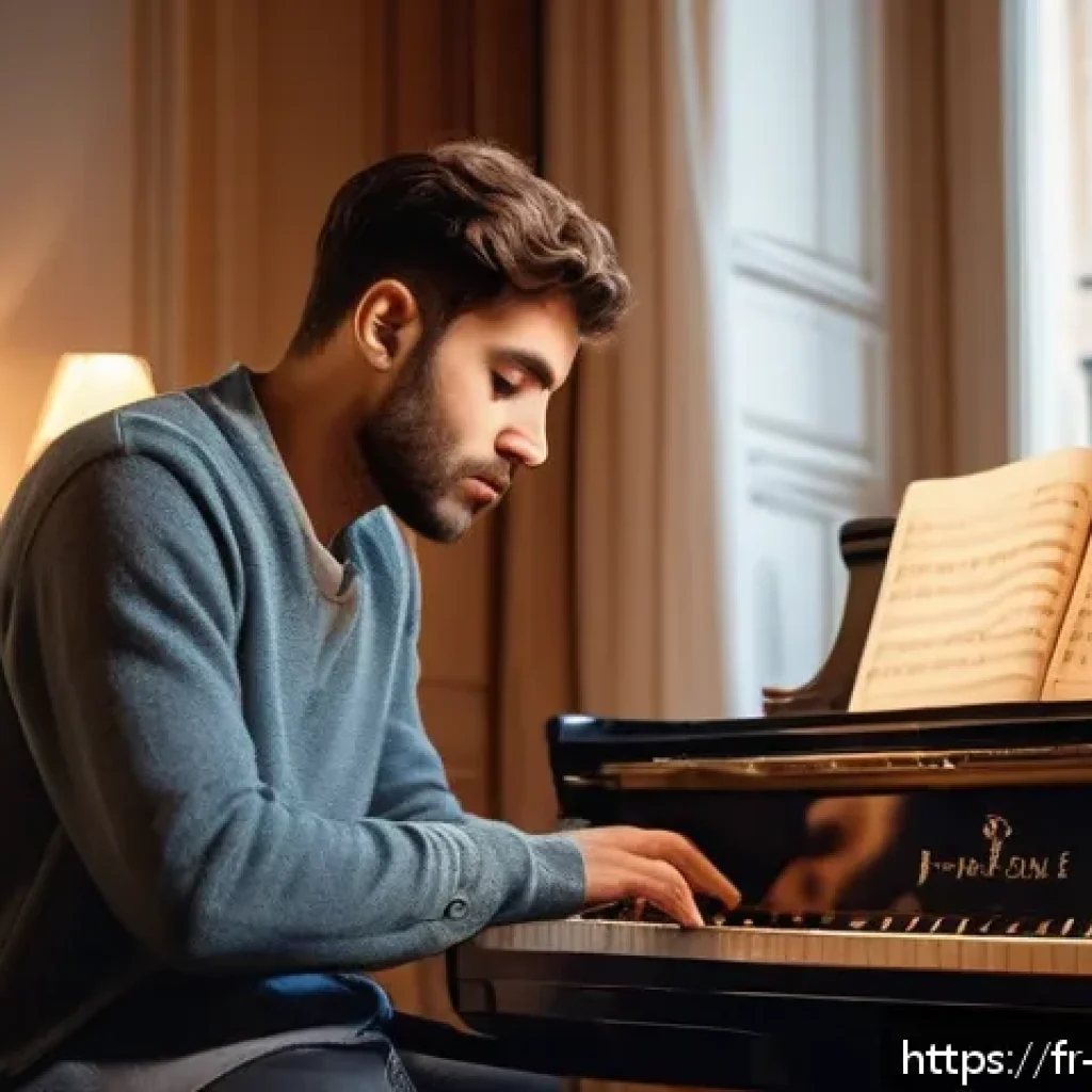 뮤지컬 배우가 들려주는 자기 성장 이야기 - A determined musical theatre actor practicing alone at home after a tough day, surrounded by sheet m...