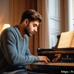 뮤지컬 배우가 들려주는 자기 성장 이야기 - A determined musical theatre actor practicing alone at home after a tough day, surrounded by sheet m...