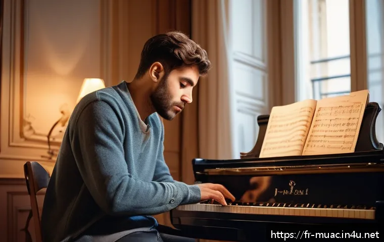 뮤지컬 배우가 들려주는 자기 성장 이야기 - A determined musical theatre actor practicing alone at home after a tough day, surrounded by sheet m...