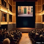 뮤지컬 배우의 국내외 공연 비교 - A cozy, intimate French theater scene set in Lyon, showing a musical comedian performing on a small ...