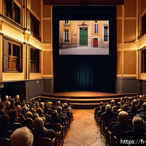 뮤지컬 배우의 국내외 공연 비교 - A cozy, intimate French theater scene set in Lyon, showing a musical comedian performing on a small ...