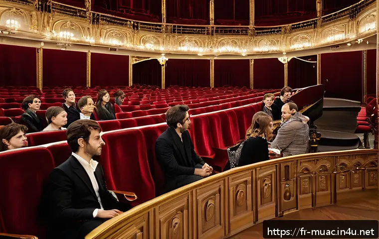 뮤지컬 배우의 공연장 에티켓 사례 - A sophisticated concert hall interior filled with an attentive French audience dressed in elegant ye...
