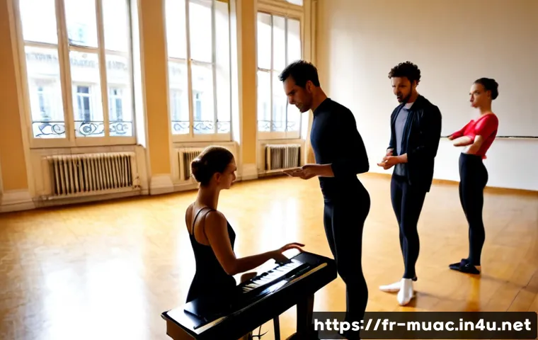 뮤지컬 배우의 협동 프로젝트 사례 - Photorealistic French musical theatre performers collaborating in a bright rehearsal studio in Paris...